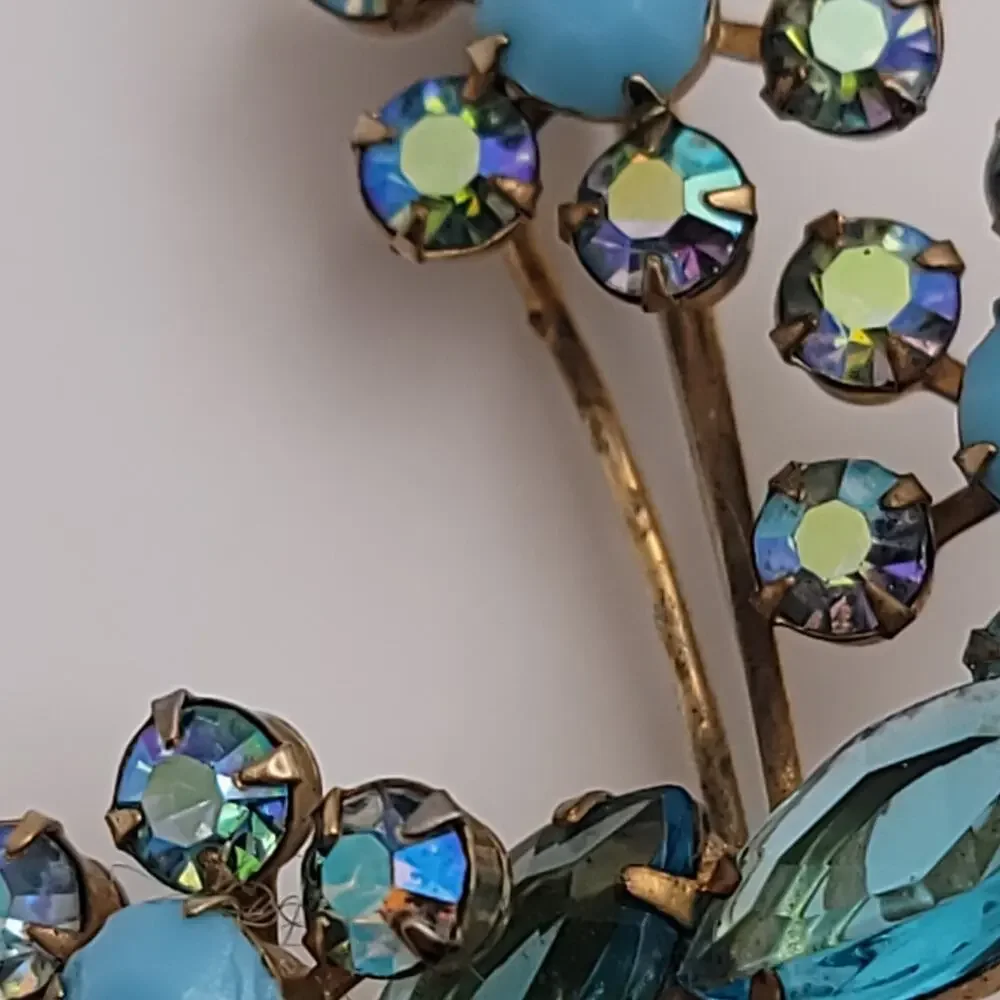 Vintage Gold-tone Blue, Turquoise-colored & Aurora Borealis Floral Brooch